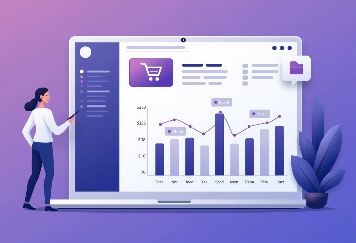 A flat modern illustration of a dashboard with funnel metrics showing cart recovery rates, with AI agent icons, violet a