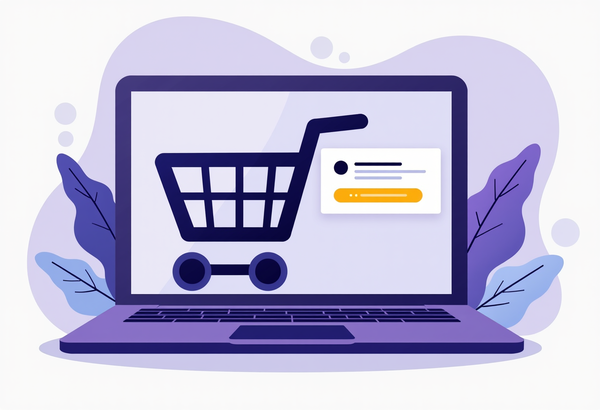 A modern flat illustration of a shopping cart on a laptop screen with a friendly AI assistant sending a recovery message