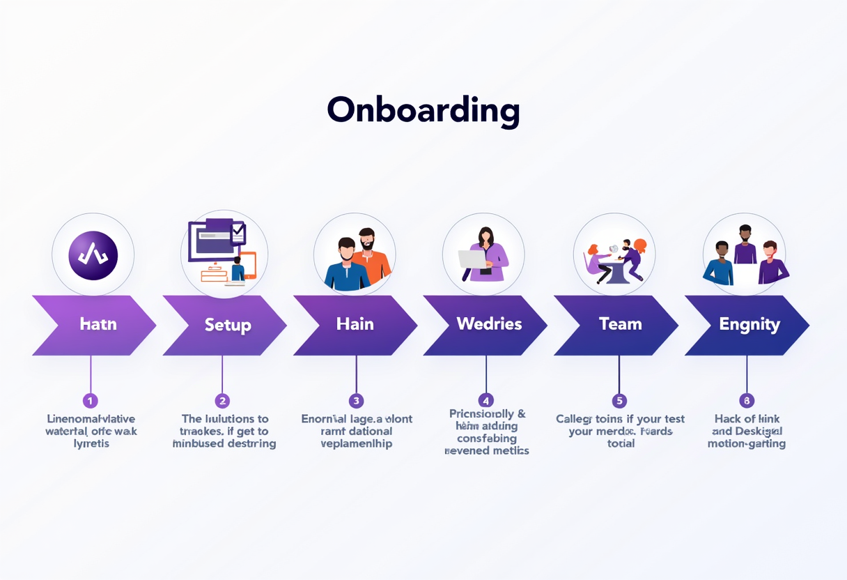 A colorful step-by-step onboarding flow diagram for an AI agent setup process, modern flat illustration, violet and indi