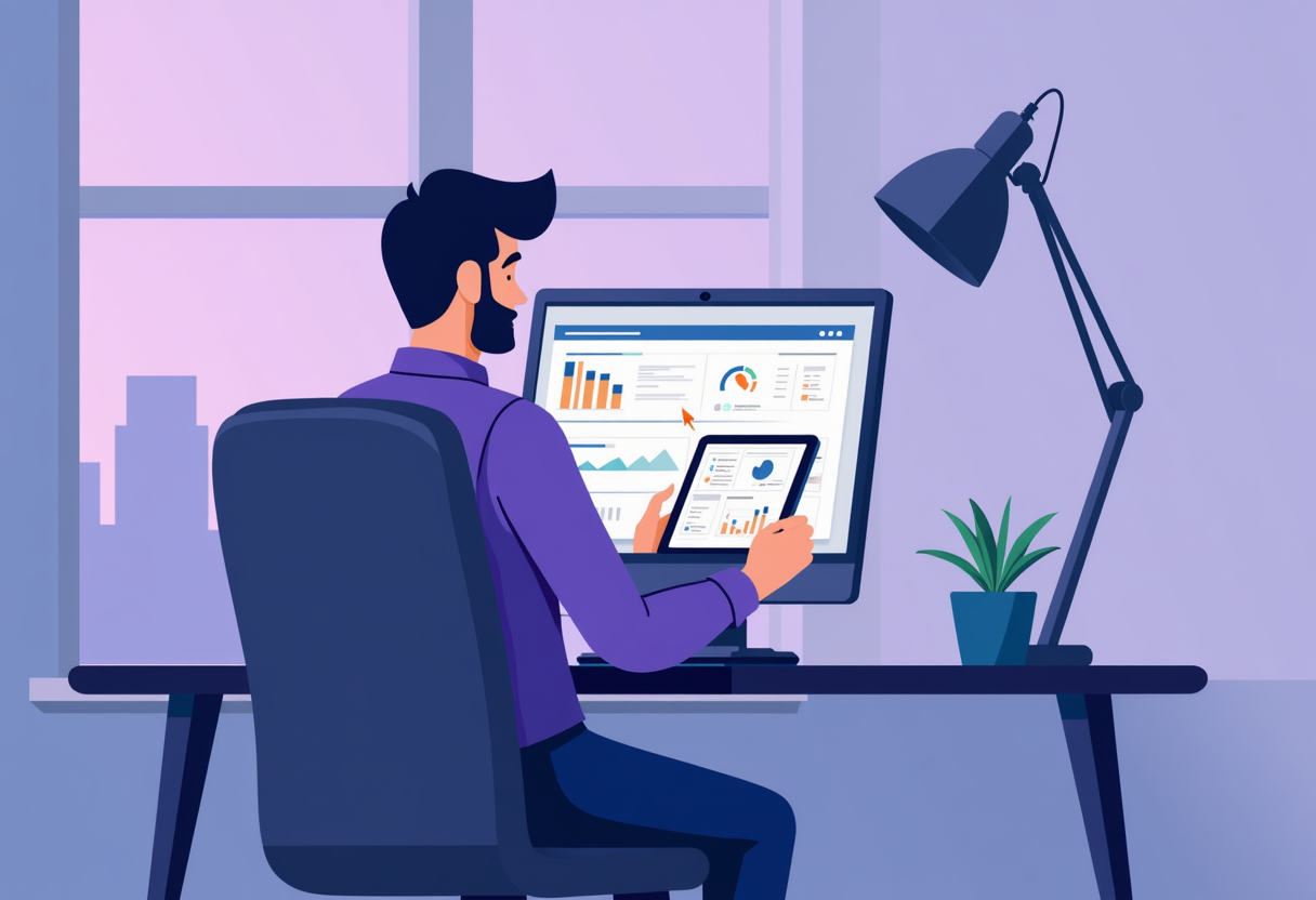 A small business owner in Mexico sitting at a modern desk reviewing a clean digital dashboard on a tablet, flat illustra