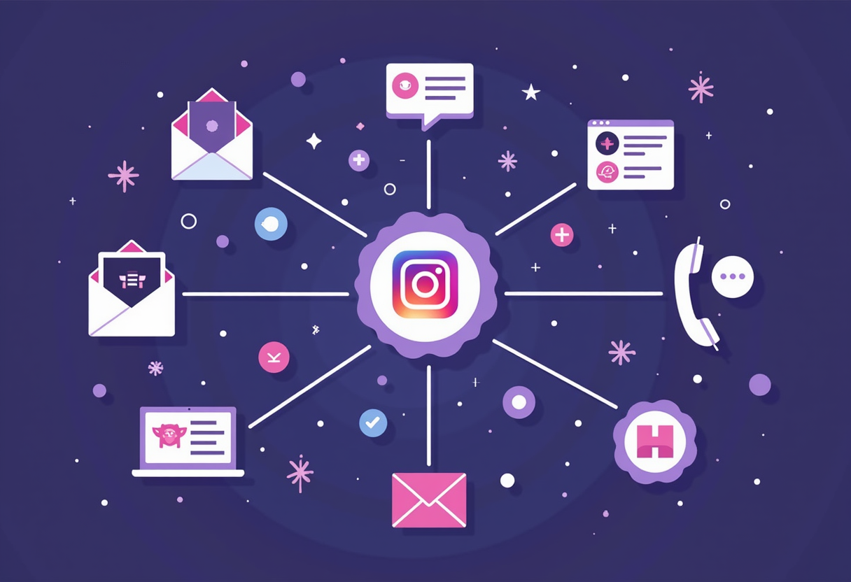 Multiple communication channels — email, web chat, Instagram, phone — connected to a single AI hub, flat modern illustra