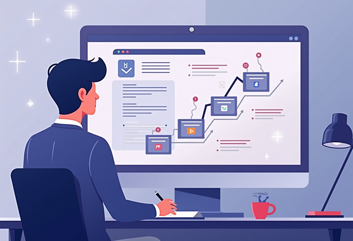 A business owner looking at a simple step-by-step roadmap on a screen, flat modern illustration style in violet and indi