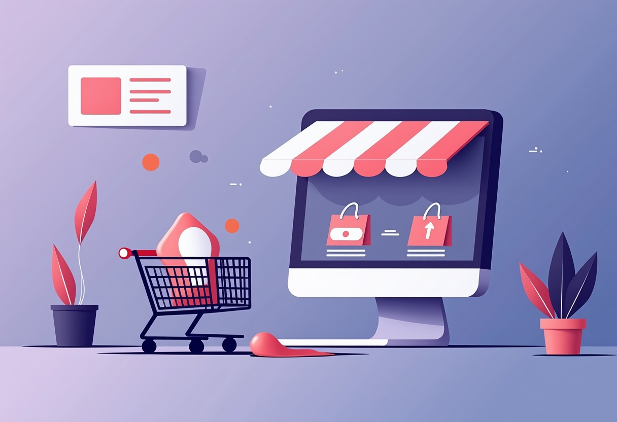 An online store checkout with an abandoned shopping cart and a leaking sales funnel, modern flat vector illustration, vi