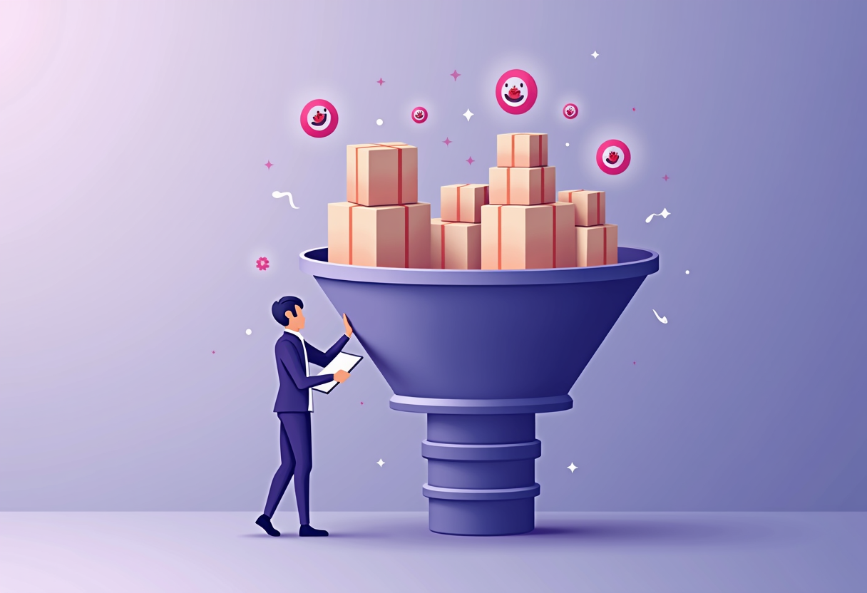 A repaired conversion funnel with packages shipping out to happy customers, modern flat vector illustration, violet and