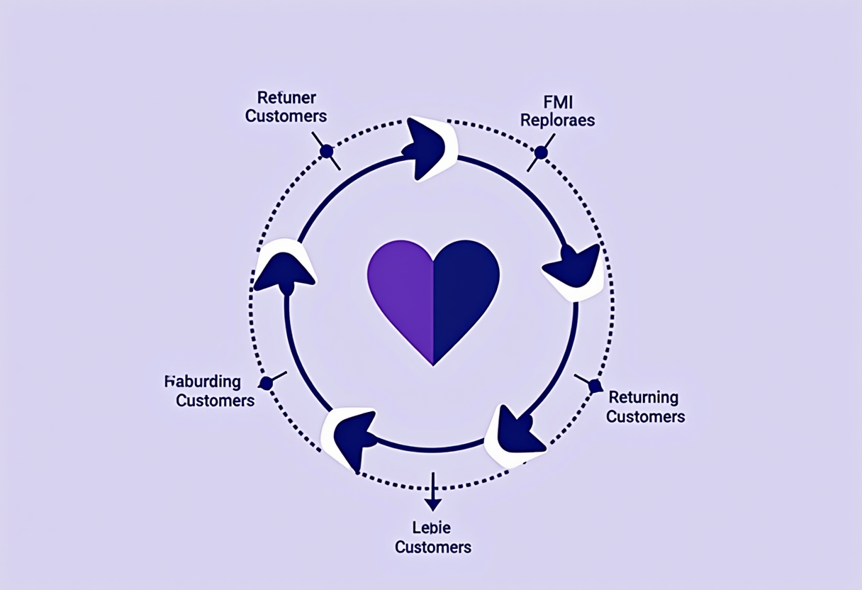 A loyalty loop diagram showing returning customers generating referrals and revenue cycles, flat modern illustration, vi