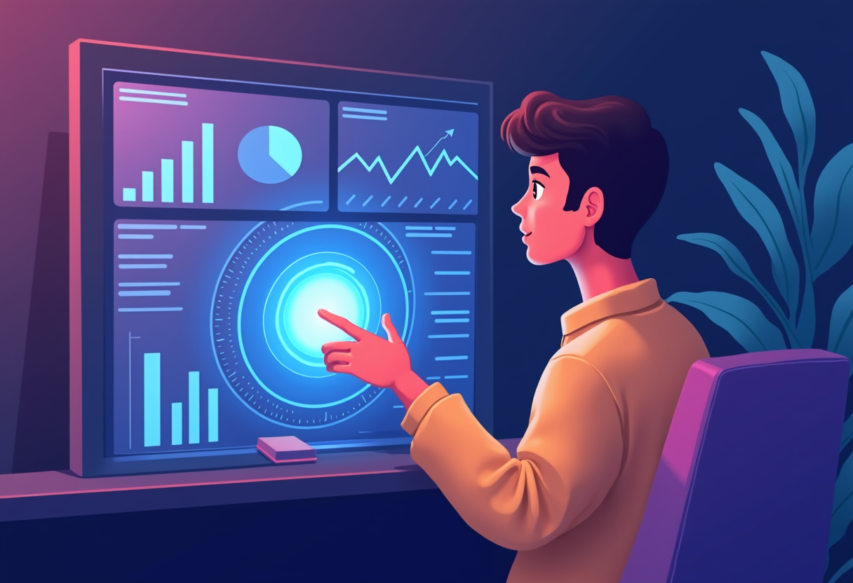 A small Mexican business owner looking at a glowing dashboard showing returning customer metrics, flat modern illustrati