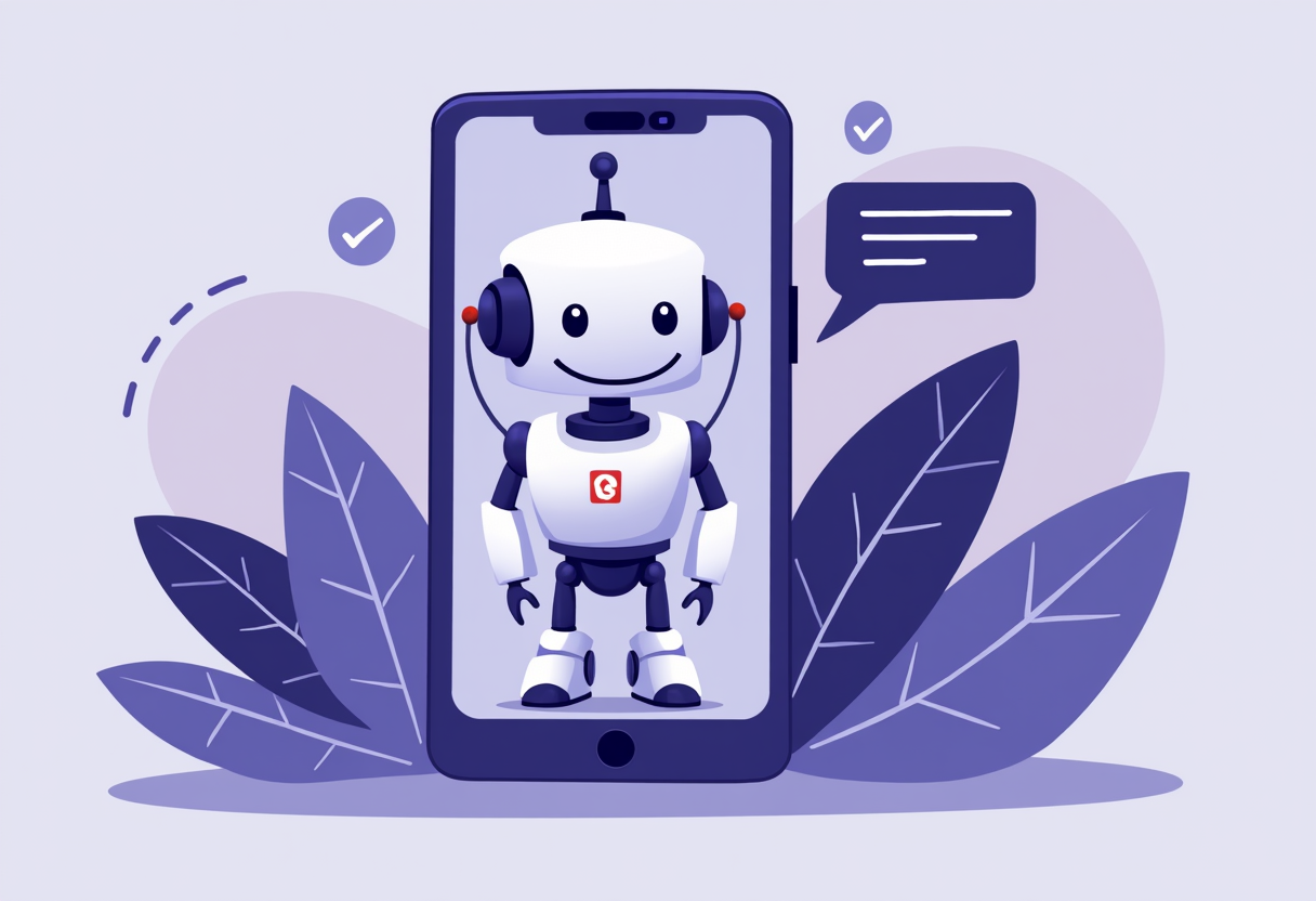 A friendly AI chatbot greeting a customer on a smartphone screen, flat modern illustration style, violet and indigo colo
