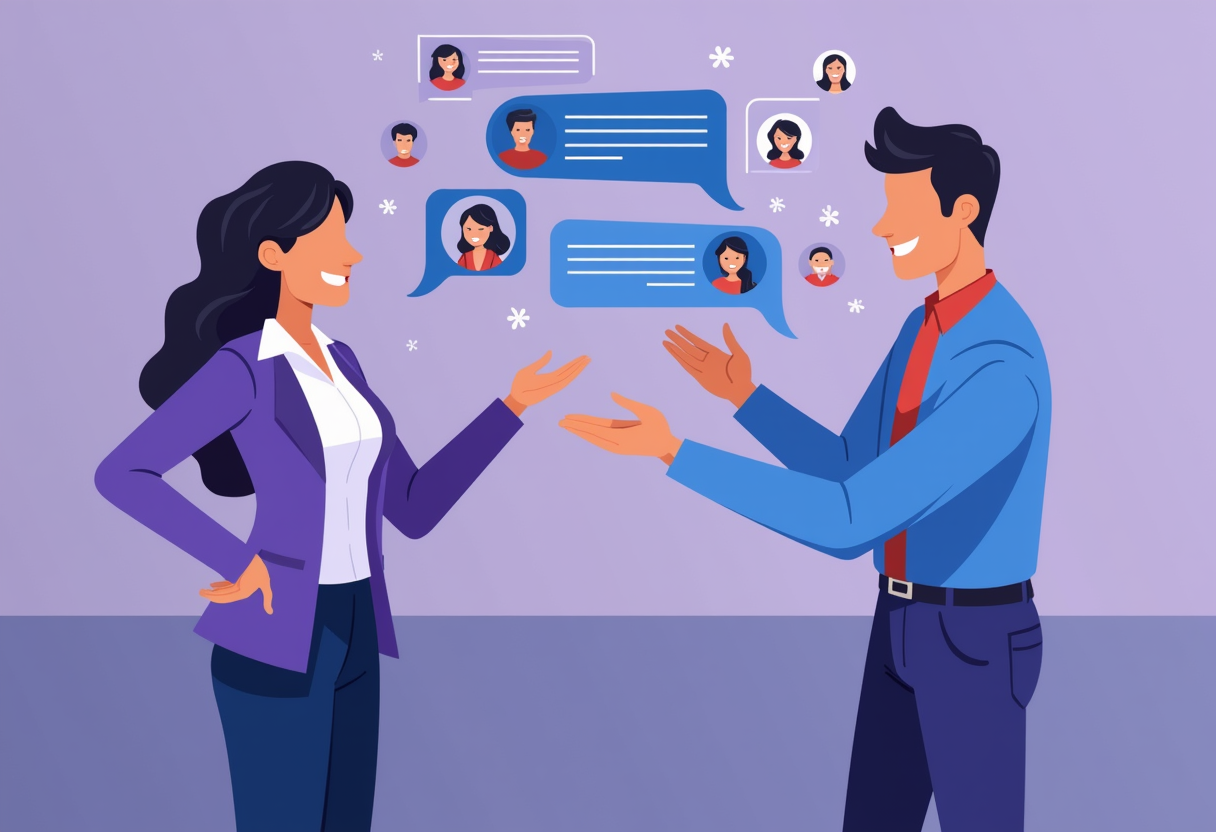A small business owner looking relieved while an AI agent handles multiple customer chat bubbles simultaneously, flat mo