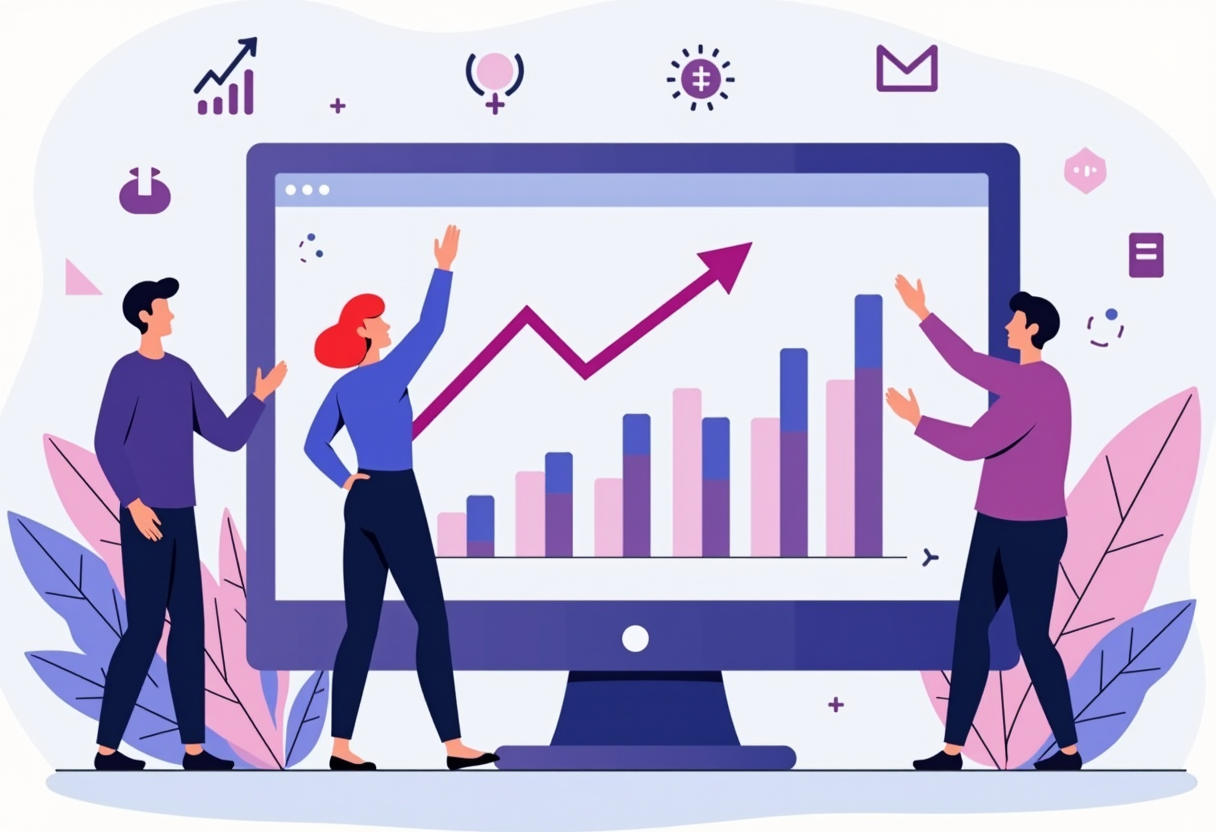 flat modern illustration of a small business team celebrating sales growth on a dashboard, automated workflow icons in v