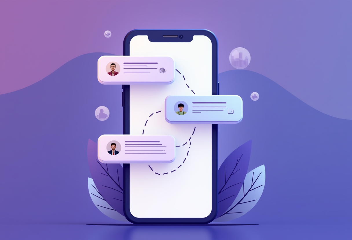 flat modern illustration of a smartphone with a WhatsApp conversation flow, automated chat bubbles connecting to a small