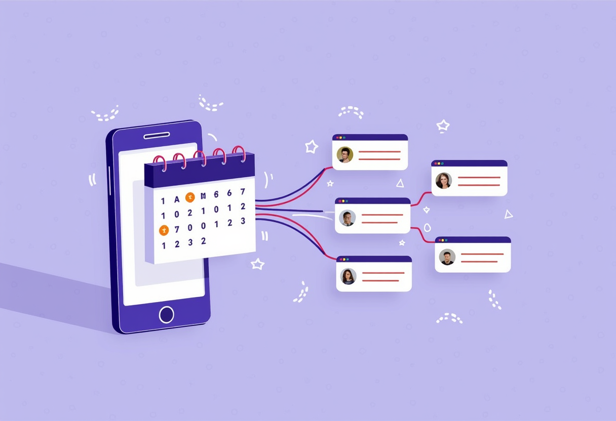 A calendar with automated reminder notifications flowing from a smartphone to multiple clients, flat modern illustration