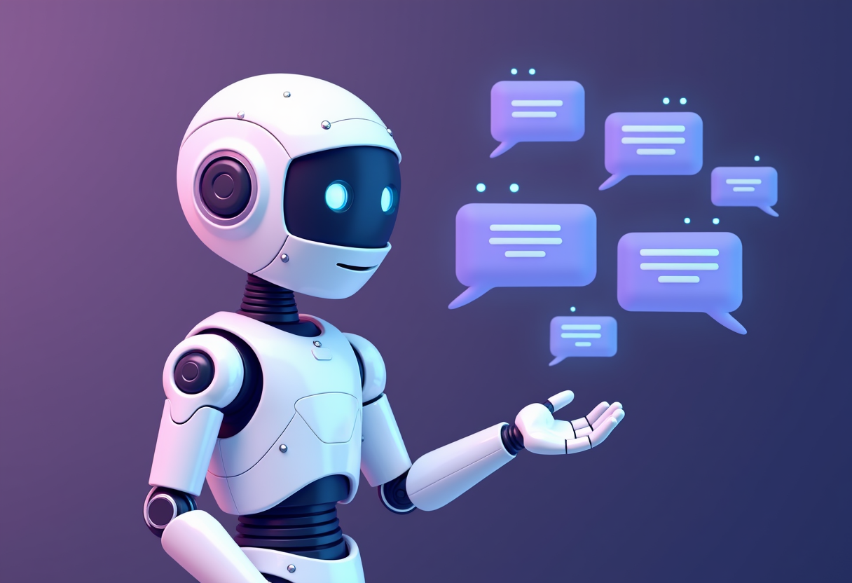 A friendly AI assistant robot handling multiple WhatsApp chat bubbles simultaneously for a small business owner, flat il