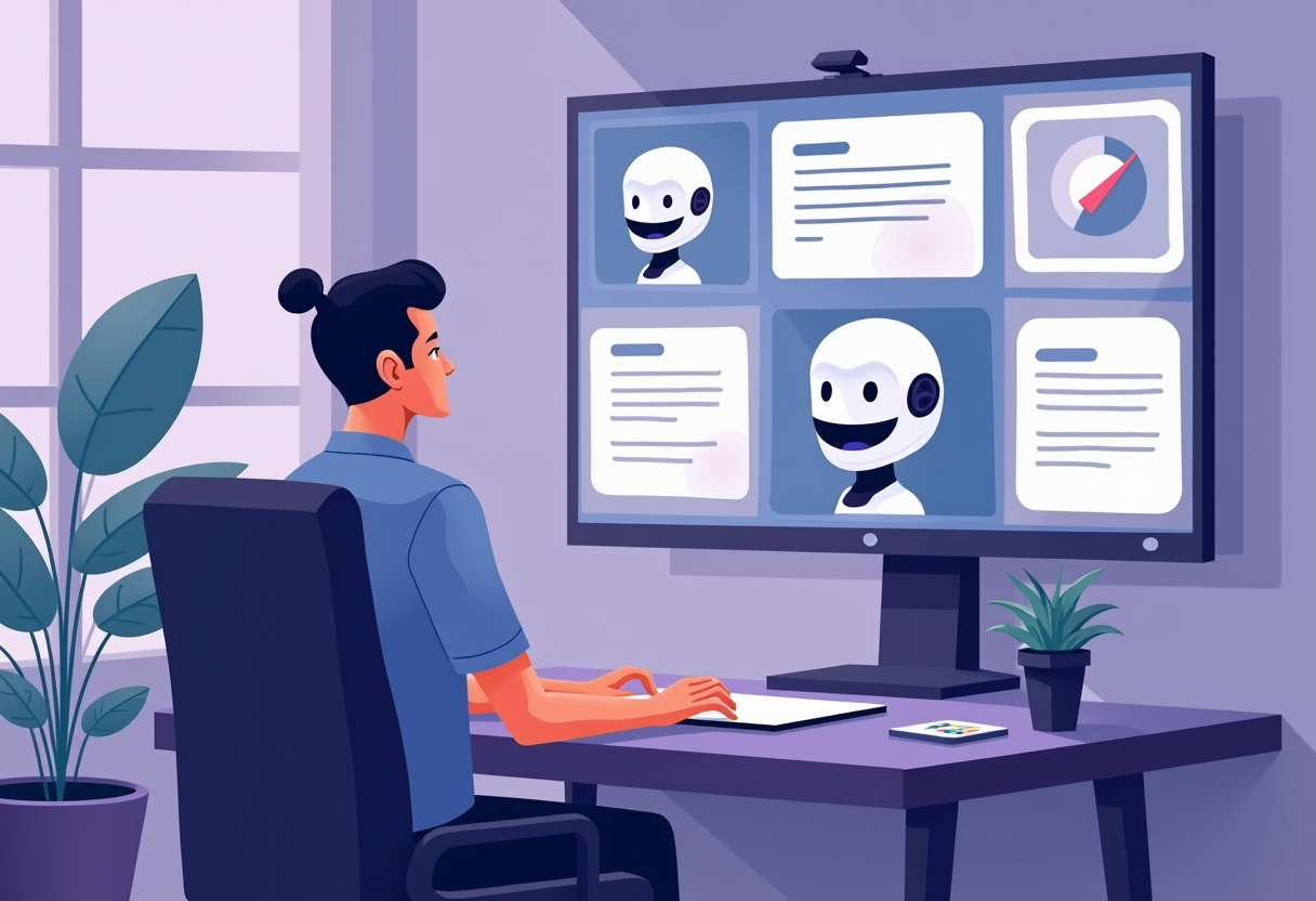 A business owner relaxing at a desk while a friendly AI agent Nova automatically processes tasks on multiple screens in