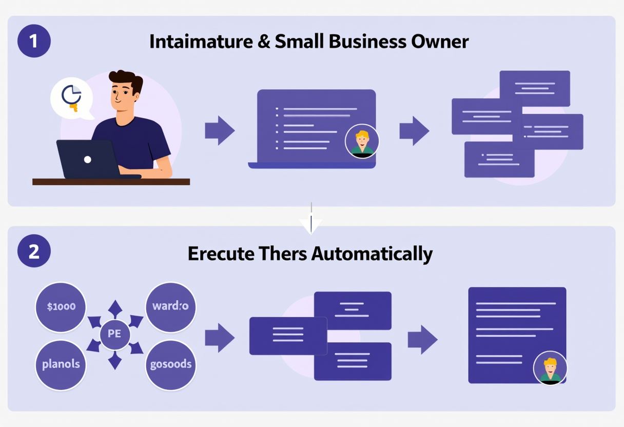 Step-by-step flowchart showing a small business owner identifying repetitive tasks, mapping them as simple flows, and No