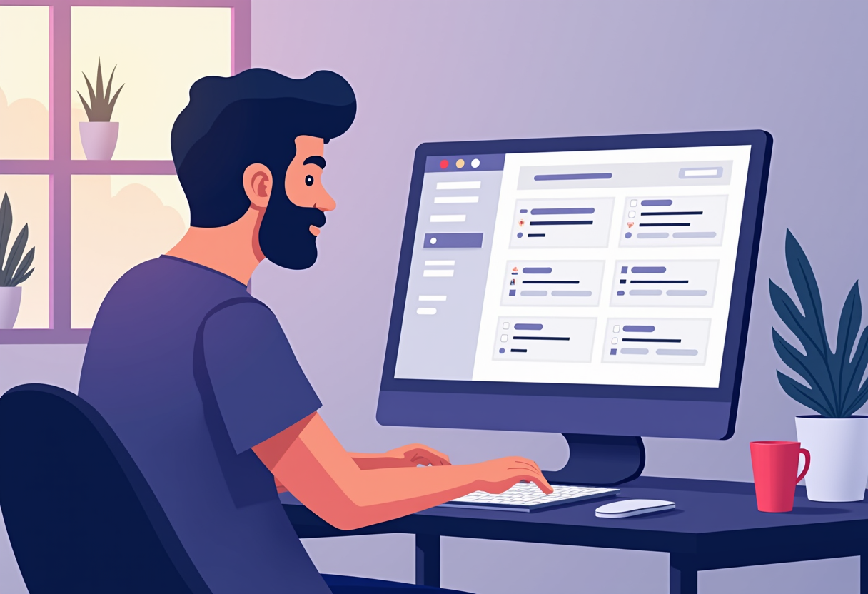 a small business owner reviewing a clean automated follow-up pipeline on a laptop screen, cozy office setting, flat mode