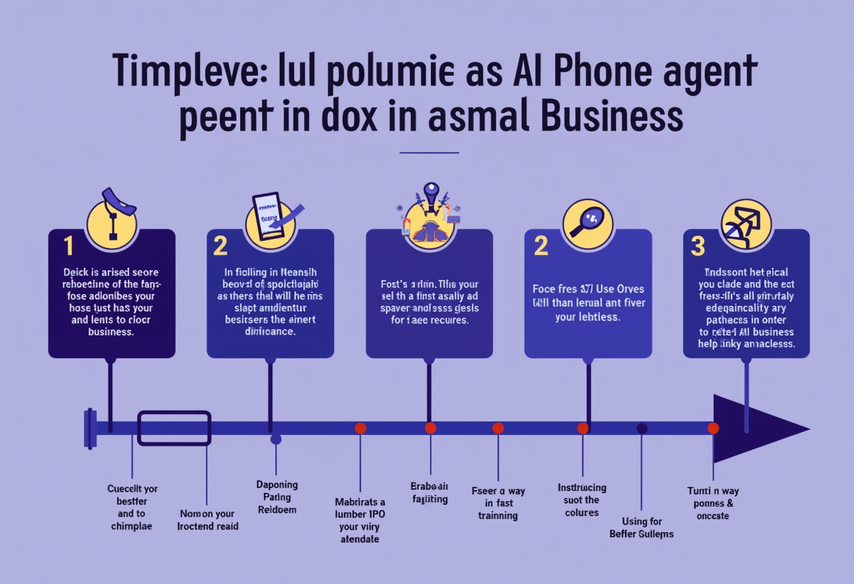 A timeline infographic showing five steps to implement an AI phone agent in a small business, flat modern illustration,