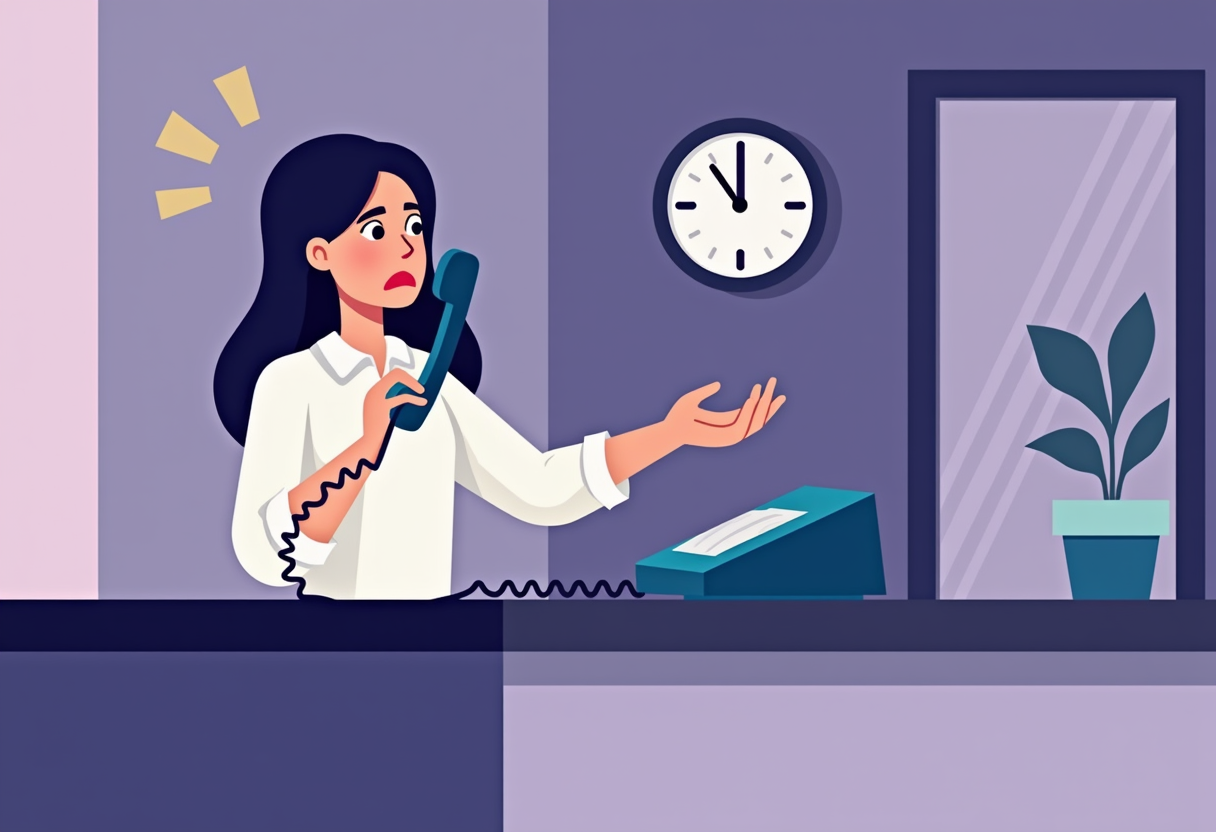 A small business owner looking frustrated at a ringing phone on a busy counter, flat illustration style, violet and indi