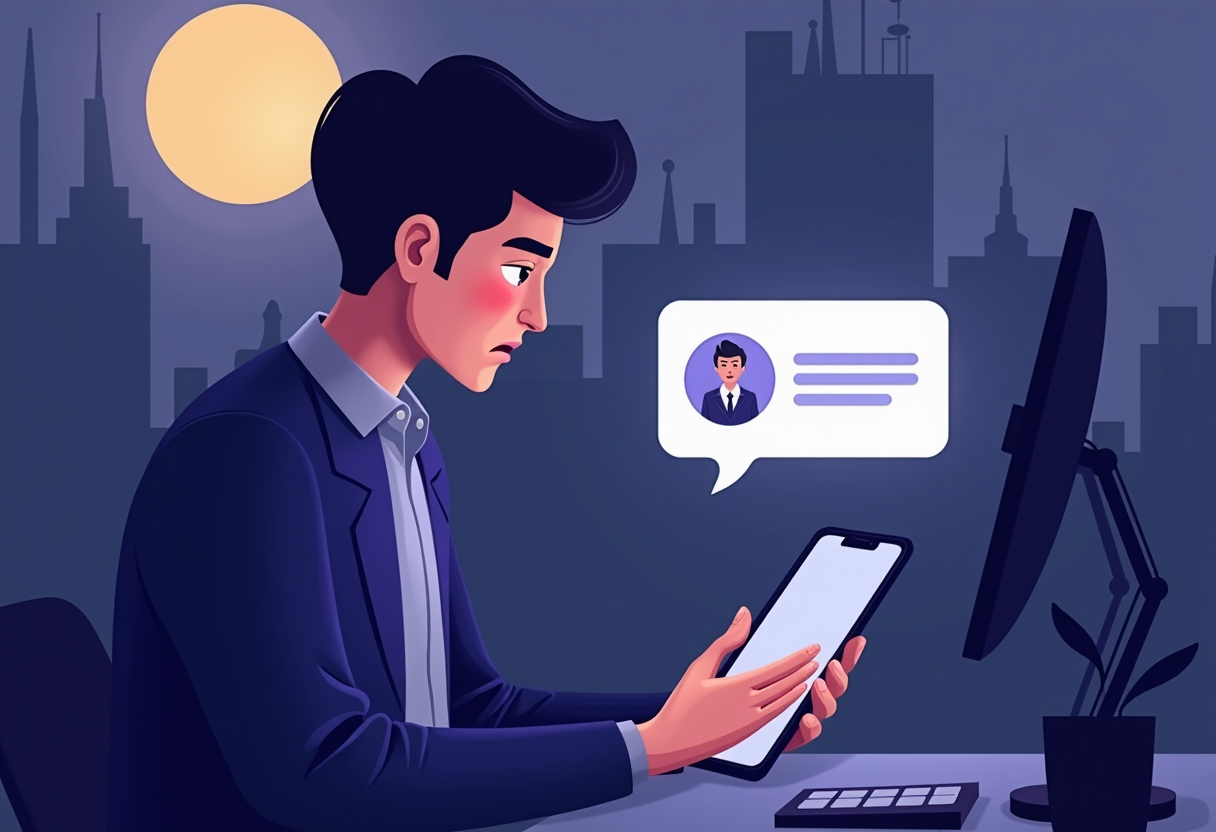 frustrated customer typing on phone at night, with a friendly AI assistant bubble appearing instantly, flat modern illus