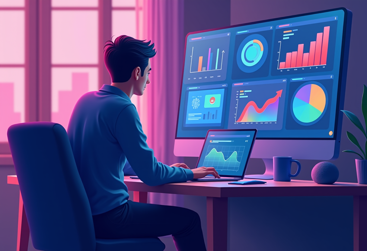 A small business owner sitting at a modern desk, looking at a glowing analytics dashboard on a laptop screen showing col