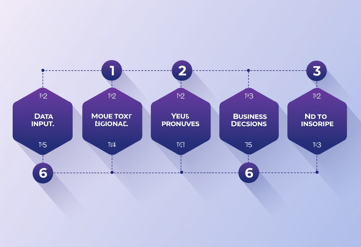 A flat modern illustration of a workflow with six numbered steps depicted as connected hexagons in violet and indigo ton
