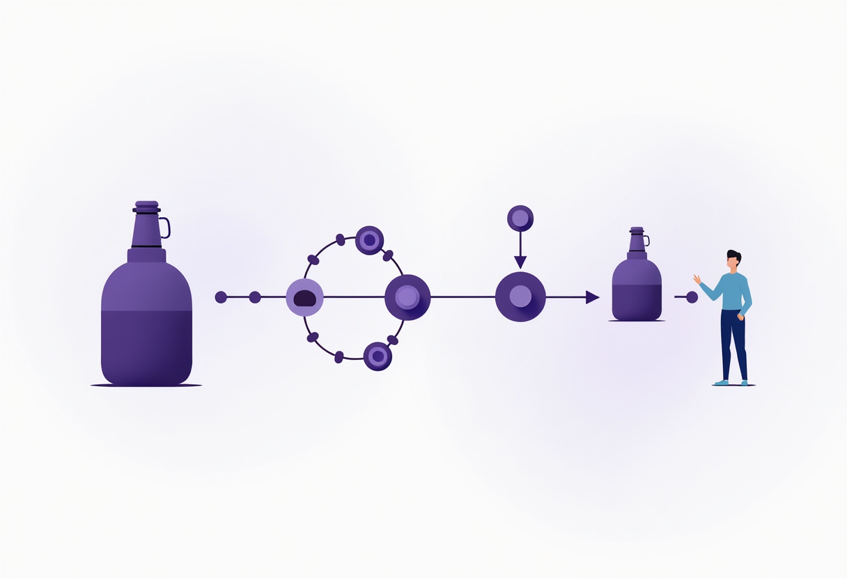 A flat modern illustration showing a purple and indigo flowchart with bottleneck nodes being automatically unblocked by