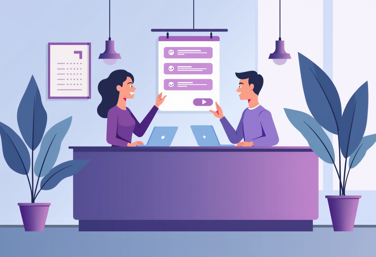 A flat modern illustration of a dental clinic reception desk with a purple and indigo AI assistant automating calendar c