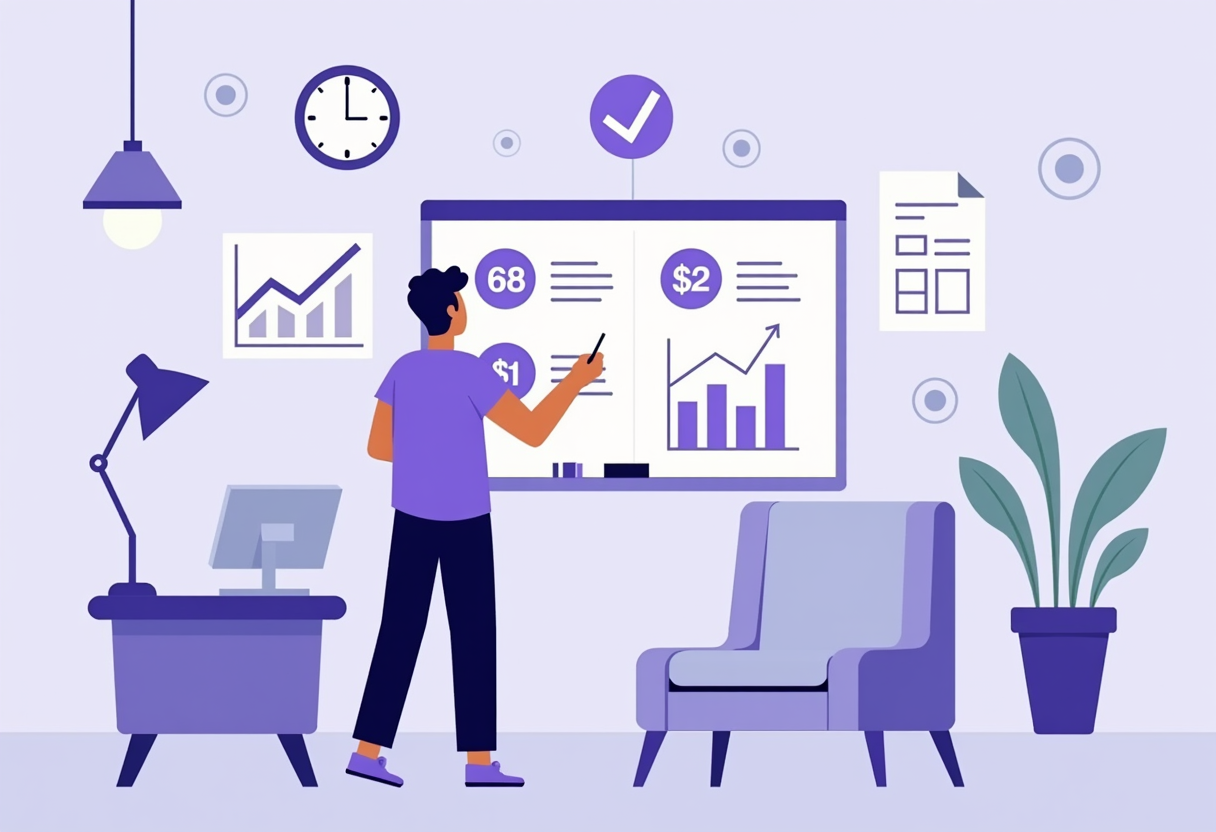 flat modern illustration of a small shop owner calculating numbers on a whiteboard with icons representing time, money a