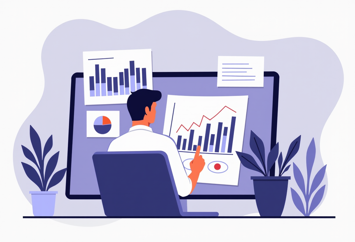 flat modern illustration of a small business owner reviewing charts and graphs on a tablet, violet and indigo color pale