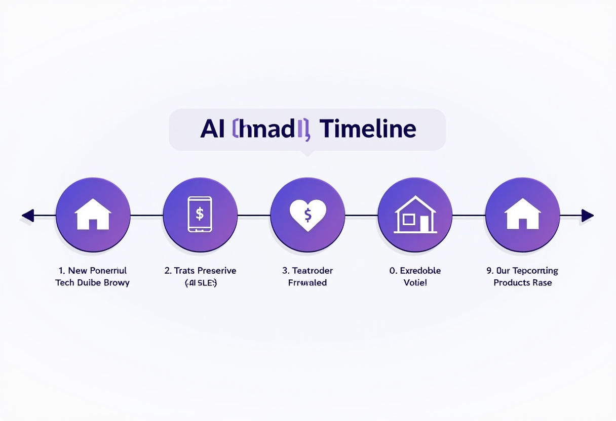 A clean flat illustration of a five-step onboarding timeline for a real estate agency implementing AI agents, violet and