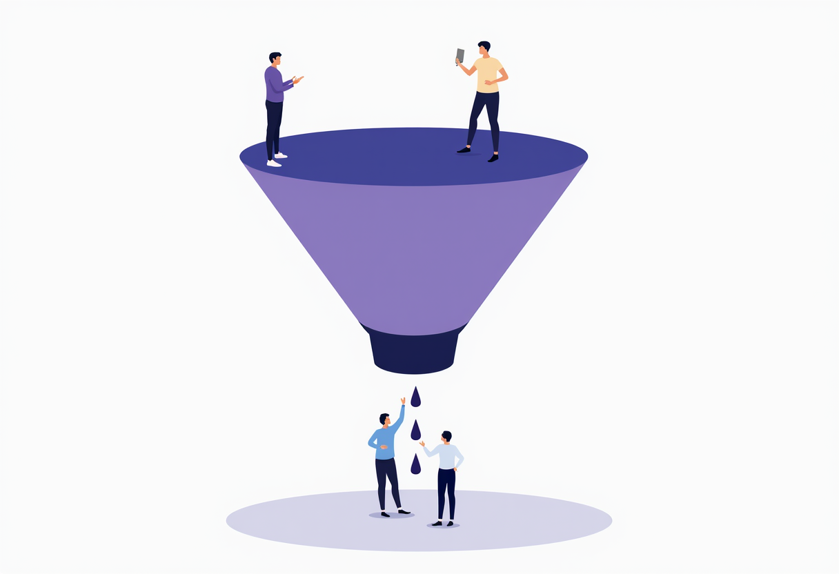 A modern flat illustration showing a real estate agency funnel with three leak points highlighted in violet and indigo,