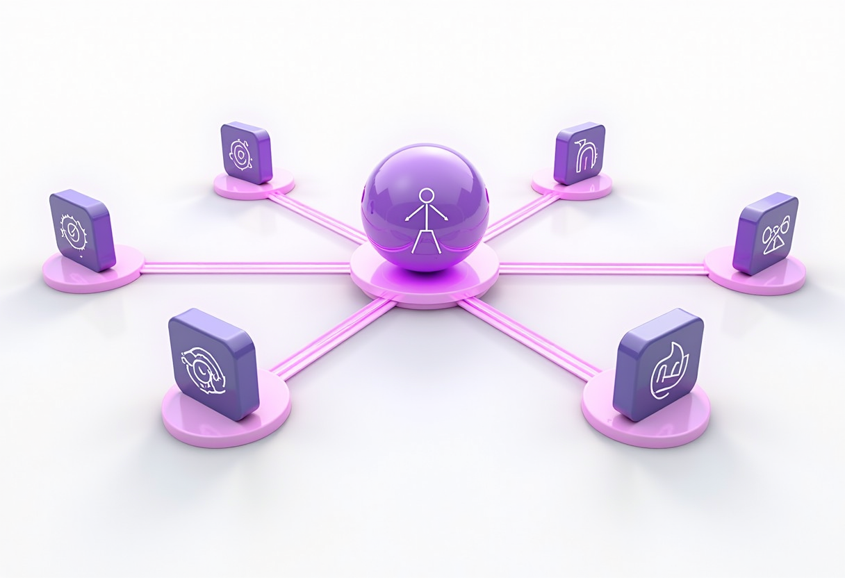 Several business app icons connected by glowing lines into one smooth automated flow, an AI assistant orb in the center,