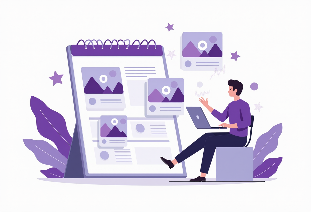 A content calendar filled with social media posts being generated by an AI assistant, images and captions flowing out, p