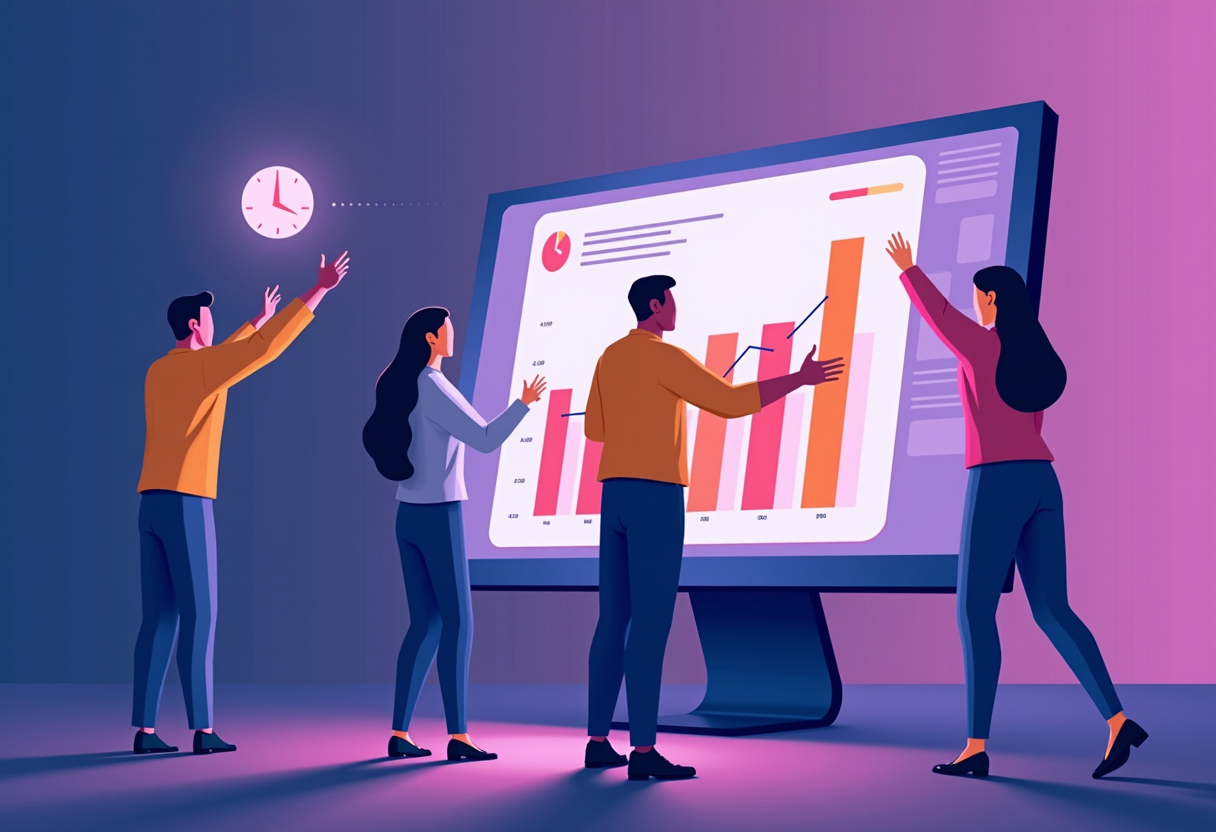 A small business team celebrating improved customer satisfaction scores on a glowing analytics screen, modern flat illus
