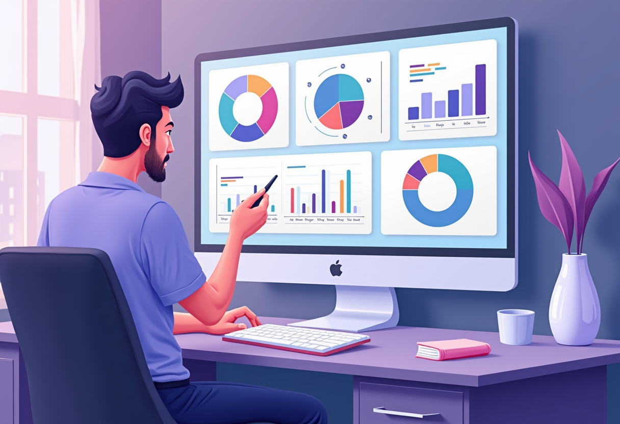 A business owner reviewing colorful customer journey charts and satisfaction metrics on a modern dashboard, flat illustr