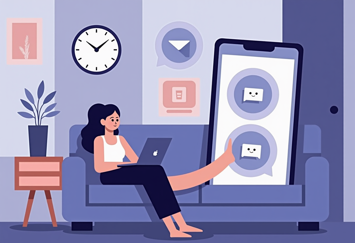A small business owner relaxing at home while a friendly AI agent icon handles multiple Instagram and Messenger chat bub