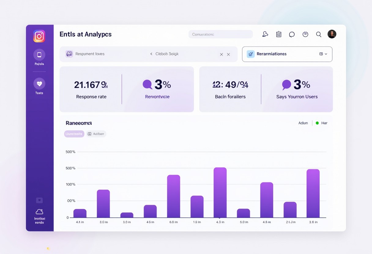 A clean analytics dashboard showing Instagram and Messenger conversation metrics — response rate, resolution rate, and c
