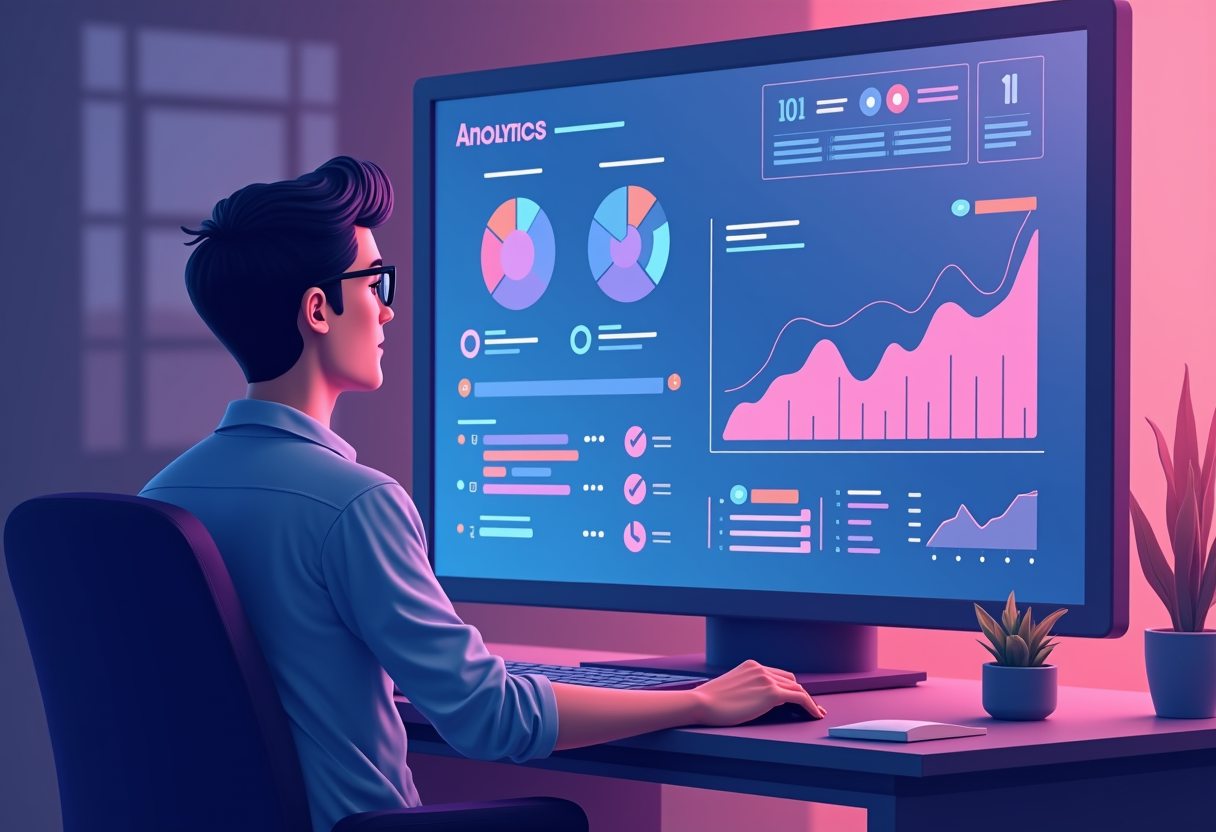 A modern flat illustration of a small business owner looking at a glowing real-time analytics dashboard on a large scree