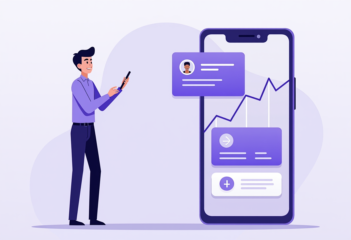 A flat modern illustration of a small business owner receiving a mobile phone alert notification with a rising chart and