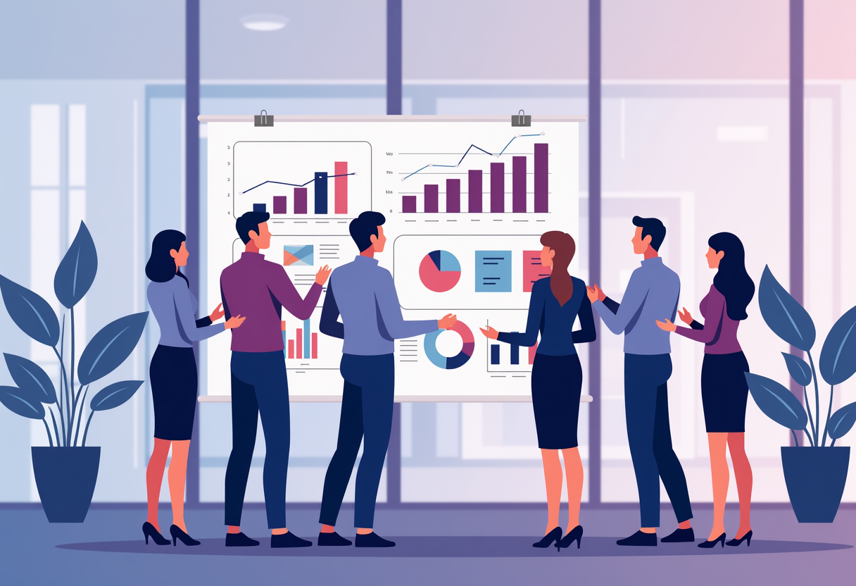 a small team of professionals reviewing colorful charts and graphs together in a modern office, flat illustration style,