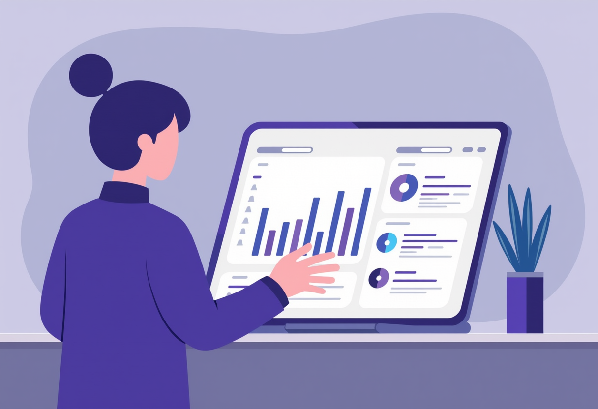 a small business owner looking at a clean dashboard on a tablet, flat illustration style, violet and indigo color palett
