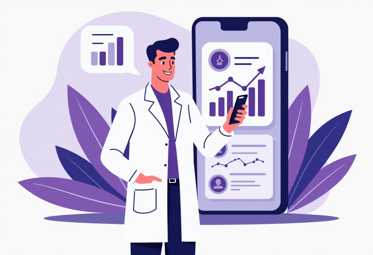 a flat modern illustration of a clinic owner receiving a smartphone notification with analytics insights, purple and ind
