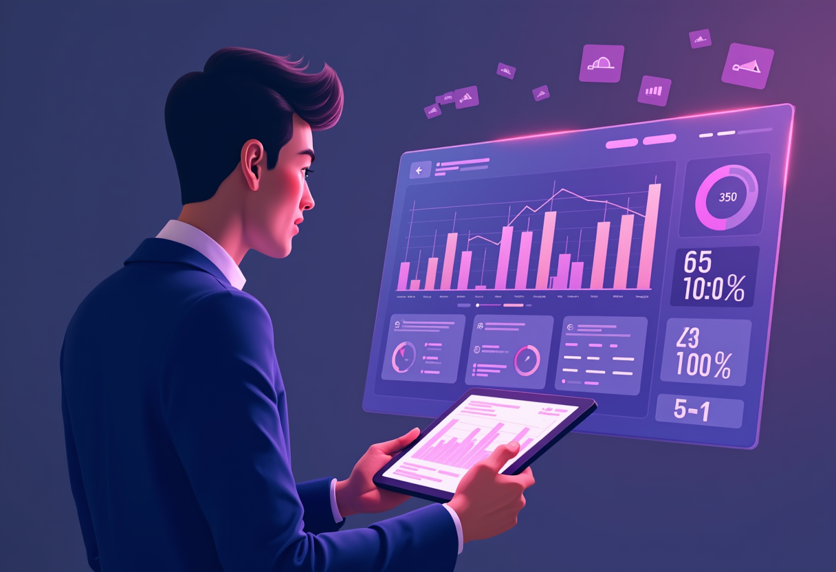 a modern flat illustration of a business owner reviewing a glowing analytics dashboard on a tablet, with purple and indi