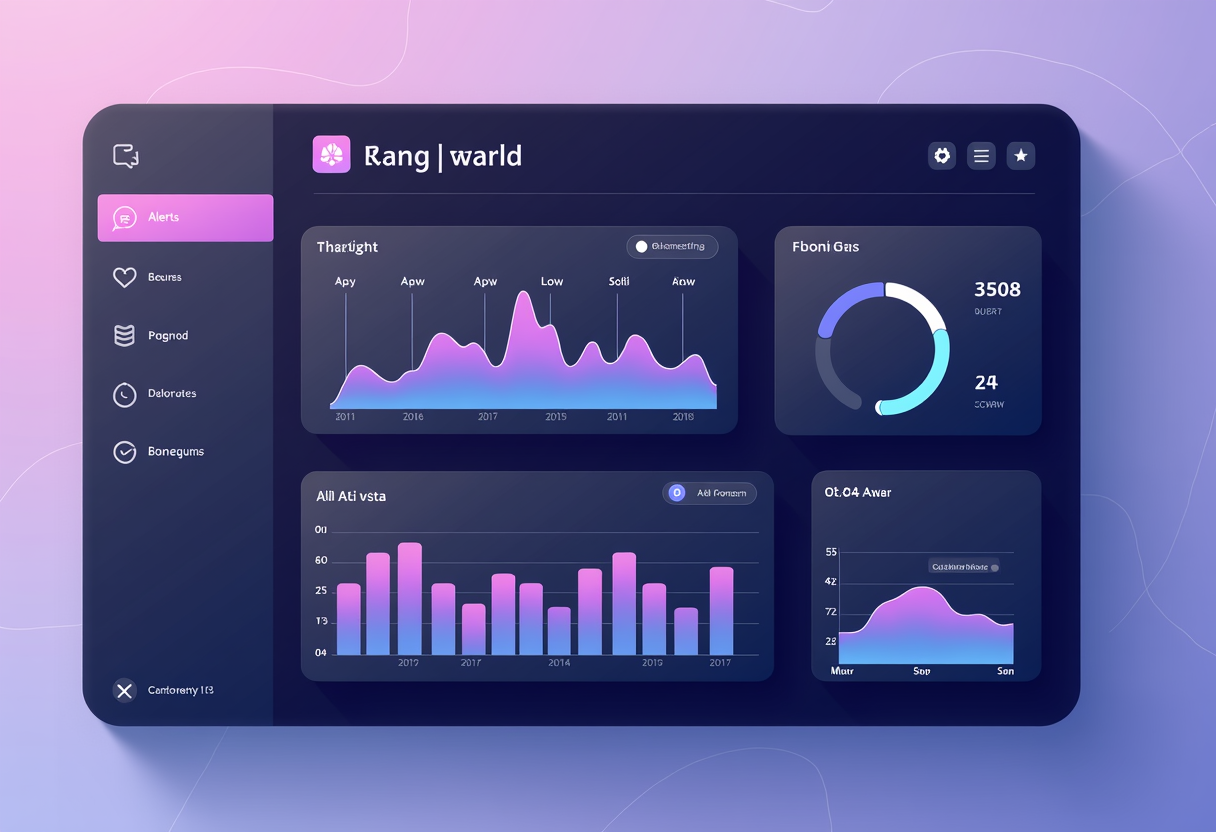 A friendly AI analytics dashboard displaying weekly business metrics with charts and alerts, flat modern illustration, v