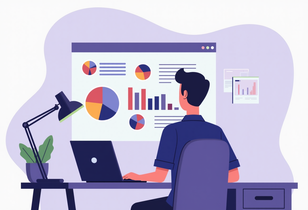A business owner sitting at a clean desk reviewing colorful charts and graphs on a laptop, flat illustration style, viol