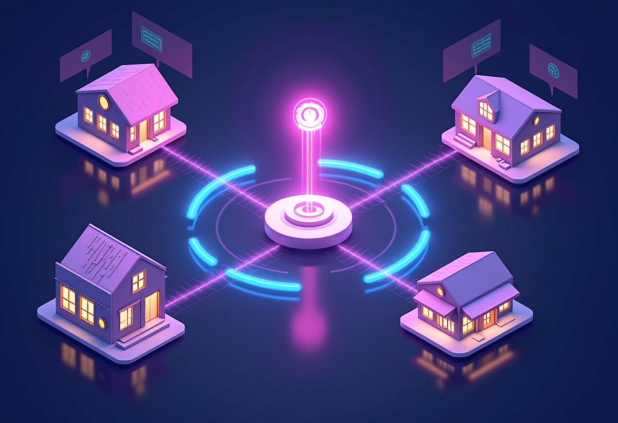 diverse small business types (restaurant, clinic, law office, online store, real estate agency) each connected by glowin