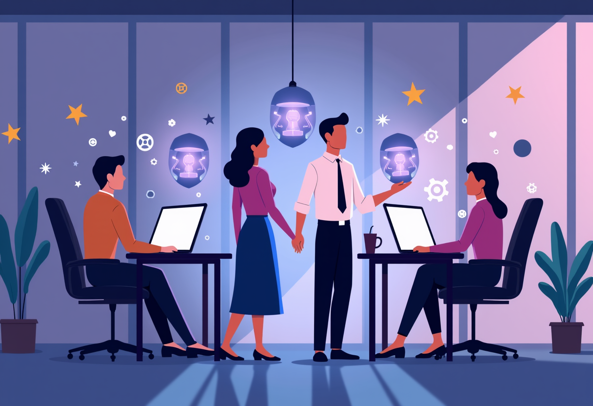 a small business owner and their team working happily alongside glowing AI agent avatars in a modern bright office, flat