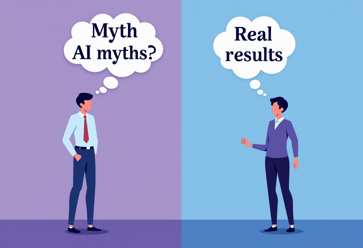 split illustration showing a business owner with a thought bubble full of AI myths on one side and clear real results on