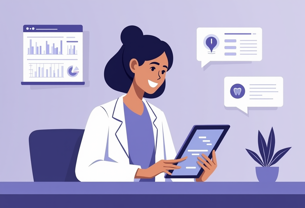 a dental clinic receptionist smiling while reviewing an analytics dashboard on a tablet, with automated appointment remi
