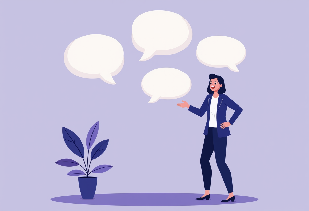 a small business owner confidently standing next to floating myth-busting speech bubbles, flat modern illustration, viol