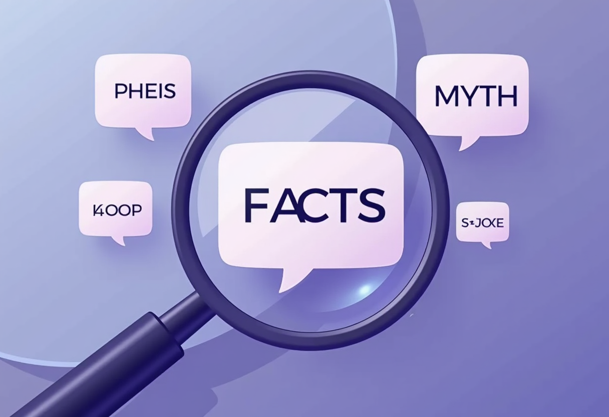 A magnifying glass revealing facts over floating myth speech bubbles, modern flat vector illustration, violet and indigo